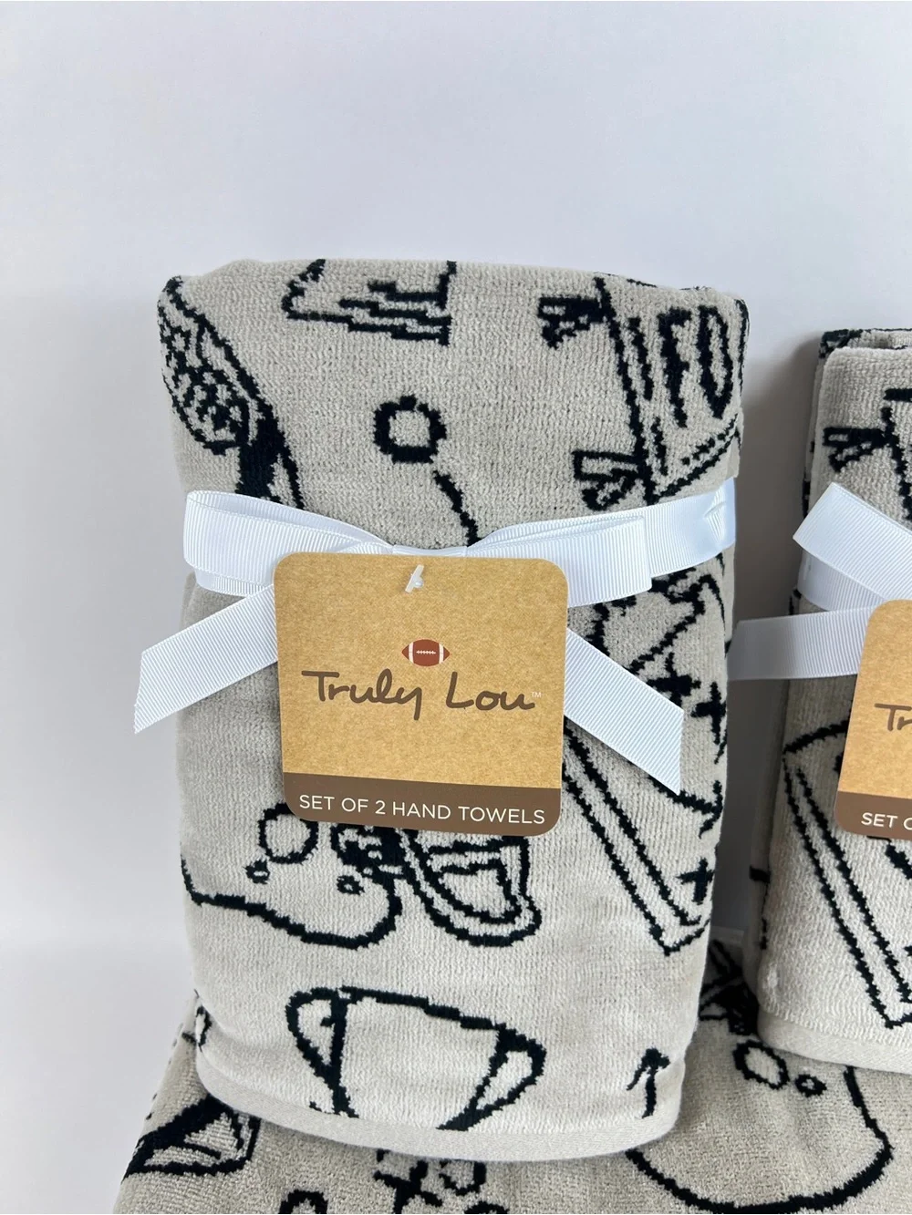 Truly Lou Bath Towels Fun Football Design Black Tan Soft Velour Cotton 6 Pc NEW